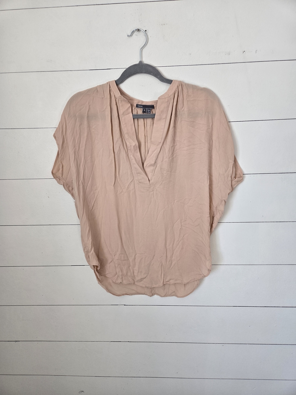 Vince  Dusty Rose Split V-Neck Short Sleeve Blouse 100%Silk Sz SM